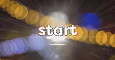 Başlangıç metninin gök kuşağı renkli harflerle başlaması sarı, mor ve mavi noktalar üzerine. Video oyunu ekran ve eğlence konsepti dijital olarak oluşturuldu.