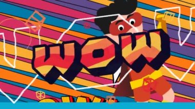 Retro süper kahraman ve çizgiler üzerinde kırmızı, turuncu ve sarı harflerle wow metninin animasyonu. Video oyunu ekran ve eğlence konsepti dijital olarak oluşturuldu.