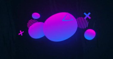 Animasyon satışı metni beyazdan pembeye, mor şekillere ve gri titreşimli arka planda. perakende, tasarruf ve alışveriş konsepti dijital olarak oluşturulmuş video.