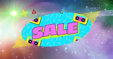 Satış metninin dijital animasyonu arkaplandaki soyut renkli ve ışıldayan parçacıklara karşı. satış indirimi ve perakende iş konsepti