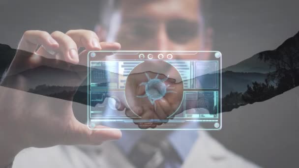 Business People Shaking Hands Caucasian Male Doctor Holding Futuristic Screen — Stock Video