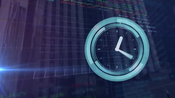 Relógio Digital Contra Processamento Dados Estatísticos Mercado Ações Fundo Azul — Vídeo de Stock