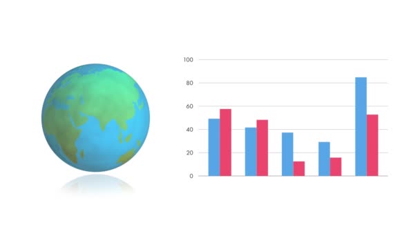 Digital Animering Statistisk Databehandling Och Snurrande Glob Mot Vit Bakgrund — Stockvideo