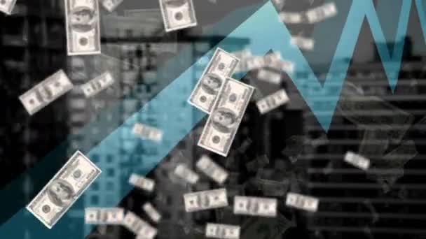 Gráfico Azul Movimiento Dólares Americanos Cayendo Contra Edificios Altos Fondo — Vídeos de Stock