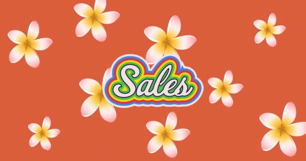 Animation Sales Text Rainbow Outline Flowers Orange Background Vintage Retail — Stock Video