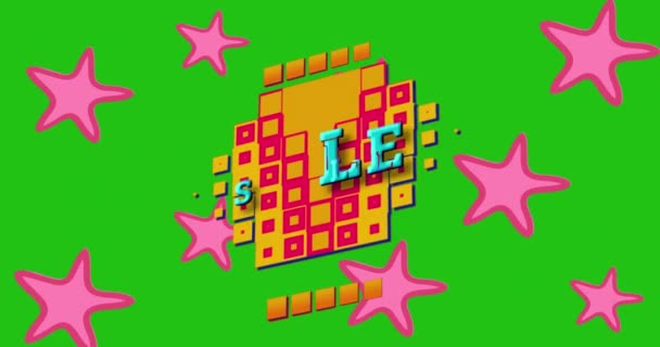 Animation Sale Text Blue Yellow Squares Pink Stars Green Background — Stock Video