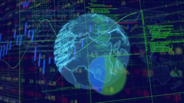 Finans Och Aktiemarknaden Databehandling Över Snurrande Jordklotet Mot Blå Bakgrund — Stockvideo