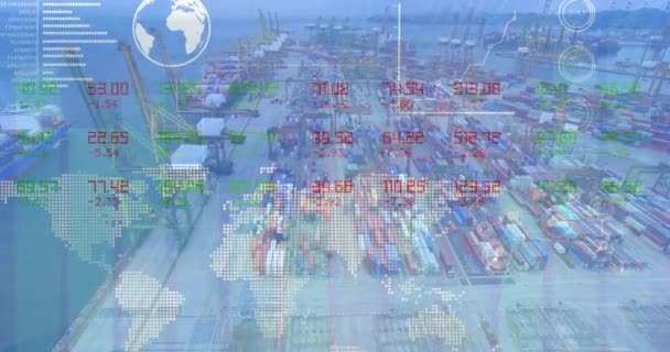 Procesamiento Datos Bursátiles Mapa Mundial Contra Vista Aérea Del Puerto — Vídeos de Stock