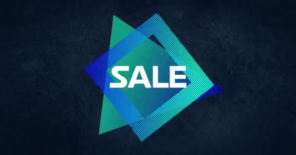 青の四角形とグレーのちらつきの背景に三角形の上に白で巨大な販売テキストのアニメーション ヴィンテージ小売 ショッピングのコンセプトデジタル生成ビデオ — ストック動画