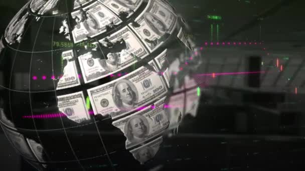 Pénzügyi Adatok Feldolgozása Amerikai Dollár Forgóföldjén Üres Irodával Szemben Globális — Stock videók