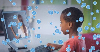 İnternetteki dizüstü bilgisayar dersinde kadın öğretmen ve öğrenci yerine simge ağının kompozisyonu. küresel ağ, eğitim, iletişim ve teknoloji konsepti dijital olarak oluşturulmuş görüntü.