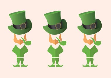 Pembe arka planda sigara içen yeşil kostümlü üç leprikonun dijital görüntüsü. Aziz Patrick Günü şablon arkaplan tasarımı kavramı