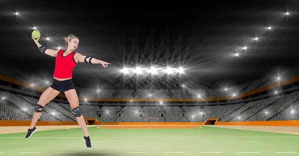 Zusammensetzung Der Handballerin Luftwerfen Auf Dem Handballfeld Mit Scheinwerfern Sport — Stockfoto
