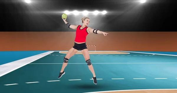 ハンドボールピッチ上の空気投げボールの女性ハンドボール選手の構成 スポーツと競争の概念をデジタルで生成し — ストック写真