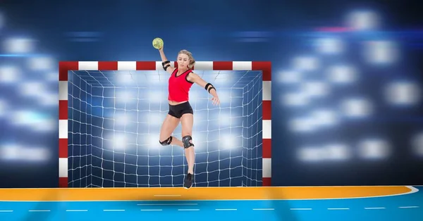 Samenstelling Van Vrouwelijke Handbalspeler Lucht Gooien Bal Handbal Pitch Digitaal — Stockfoto