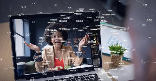 Composição Rede Com Números Sobre Mulher Negócios Chamada Vídeo Computador — Fotografia de Stock