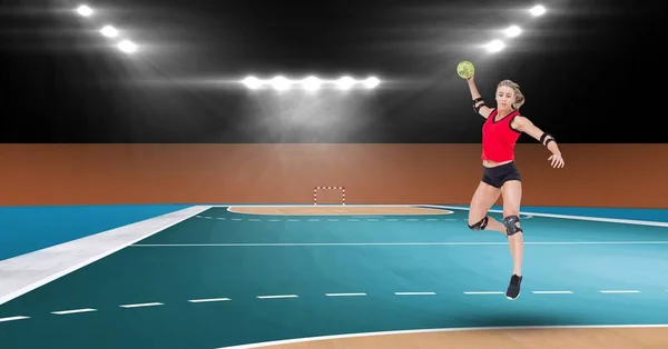 ハンドボールピッチ上の空気投げボールの女性ハンドボール選手の構成 スポーツと競争の概念をデジタルで生成し — ストック写真