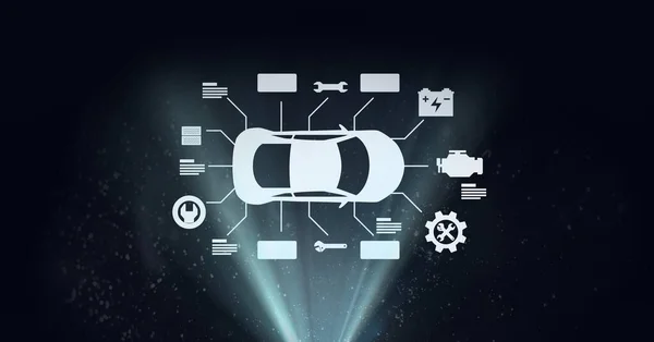 黒の背景にデジタル力学のアイコンと白の車の図面の構成 世界的なネットワーキング 自動車業界 運転と技術の概念デジタルで生成されたイメージ — ストック写真