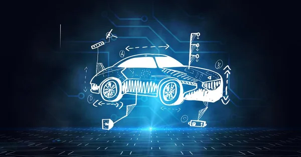 蓝色背景下的计算机电路板元件构成的汽车绘图 全球网络 汽车工业 驱动和技术概念 — 图库照片