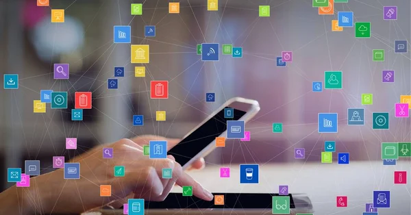 Icons and network of connections over person using smartphone and tablet with copy space on screen. global technology, data processing and digital interface concept digitally generated image.