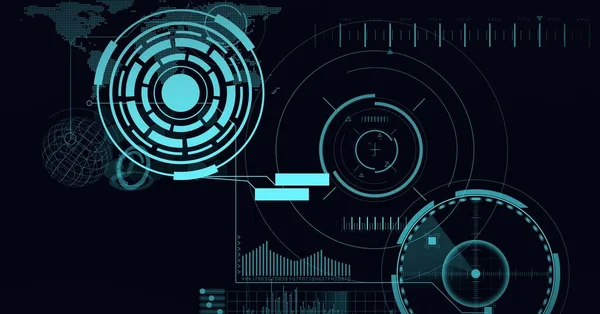 Composição Escopos Digitalização Processamento Dados Com Mapa Mundo Sobre Fundo — Fotografia de Stock