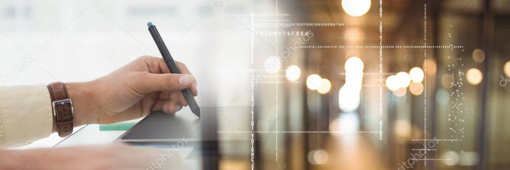 Cropped image of woman hand writing on a notepad at desk in office with office concept background. digitally generated image.