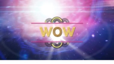 Sarı neon harflerle yazılmış, parlak mavi ile mor evreni süsleyen yazının animasyonu. Video oyunu ekran ve eğlence konsepti dijital olarak oluşturuldu.