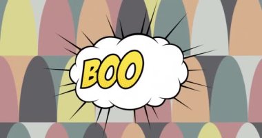 Arka plandaki soyut renkli şekillere karşı retro konuşma baloncuğundaki patlamanın dijital animasyonu. bilgisayar arayüzü ve tipografi kavramı