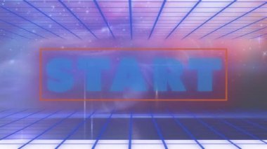 Başlangıç metninin mavi neon harflerle başlaması ızgara üzerinde ve mavi ile mor evren arasında. Video oyunu ekran ve eğlence konsepti dijital olarak oluşturuldu.