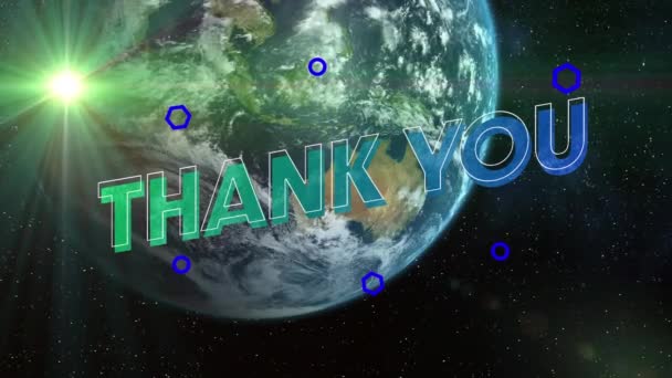 Animación Texto Agradecimiento Letras Verde Azul Hexágonos Azules Sobre Tierra — Vídeos de Stock