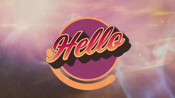 Animation Hello Text Rosa Bokstäver Över Lila Cirkel Över Glödande — Stockvideo