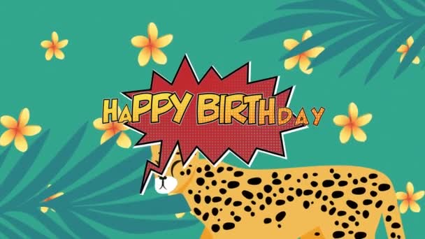 Digitale Animatie Van Gelukkige Verjaardagstekst Retro Spraakzeepbel Tegen Exotische Cheeta — Stockvideo