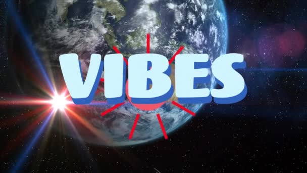 Animation Von Vibes Text Blauen Buchstaben Über Erde Und Universum — Stockvideo