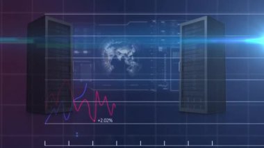 Mavi arka planda dönen dünya ve bilgisayar sunucularına karşı finansal veri işleme. küresel finans ve siber güvenlik teknolojisi kavramı