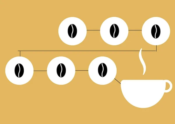 Skład Sześciu Ikon Ziaren Kawy Białych Kręgach Związanych Filiżanką Kawy — Zdjęcie stockowe