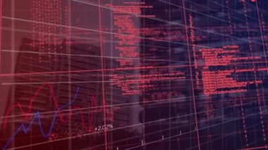 Arka plandaki yüksek binalarla şebeke üzerinden finansal veri işleme. küresel finans ve iş kavramı