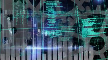 Mavi arkaplana karşı birden fazla ayar simgesi üzerinden mali veri işleme. küresel finans ve bilgisayar arayüzü teknolojisi kavramı