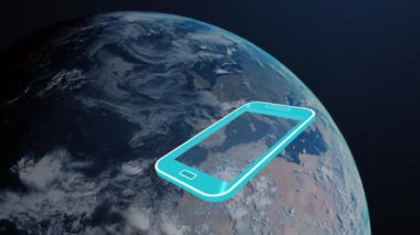 Evrendeki dijital simgelerin ve akıllı telefonların animasyonu. küresel ağ oluşturma, veri işleme ve dijital arayüz kavramı dijital olarak oluşturulmuş video.