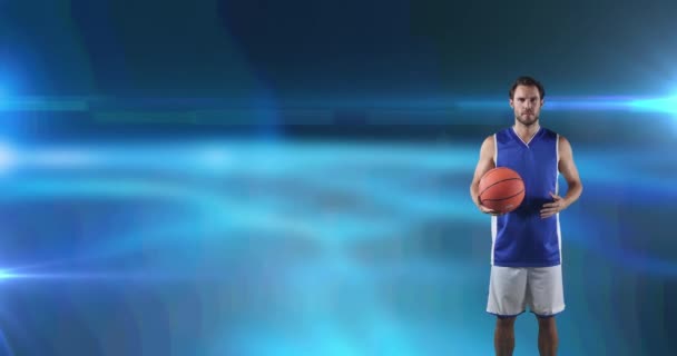 Animatie Van Basketbalspeler Spelen Met Bal Gloeiende Blauwe Achtergrond Sport — Stockvideo