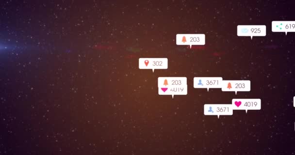 Sosyal Medya Simgelerinin Gece Gökyüzündeki Yıldızların Üzerindeki Beyaz Afişlerin Animasyonu — Stok video