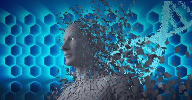 İnsan büstünün bileşimi gri parçacıklar, DNA ipliği ve mavi arka planda altıgen ile oluşmuş. küresel bilim, tıp ve teknoloji konsepti dijital olarak üretilen görüntü.