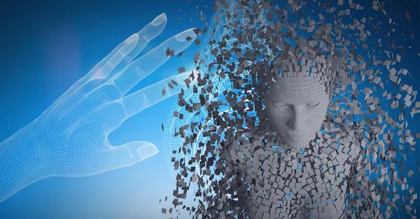 Σύνθεση Ανθρώπινης Προτομής Που Σχηματίζεται Γκρίζα Σωματίδια Και Ψηφιακό Χέρι — Φωτογραφία Αρχείου