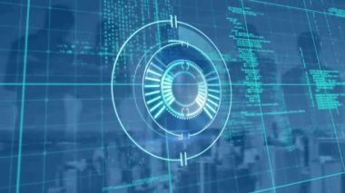 İnsanların siluetleri ve şehirleri üzerinde tarama ve veri işleme animasyonları. küresel bağlantılar ve dijital arayüz konsepti dijital olarak oluşturulmuş video.
