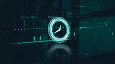 Saatin animasyonu dünya haritasında hızla ilerliyor ve veri işliyor. küresel bağlantılar ve dijital arayüz konsepti dijital olarak oluşturulmuş video.
