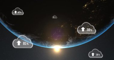 Okları olan dijital bulutların animasyonu ve arka planda dünya üzerinde büyüyen yüzde birlik kısım. küresel ağ oluşturma, veri işleme ve dijital arayüz kavramı dijital olarak oluşturulmuş video.