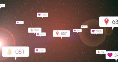 Sosyal medya simgelerinin ve beyaz afişlerin parlayan gökyüzündeki yıldızların üzerinde numaraların canlandırılması. küresel sosyal medya ağı, dijital arayüz ve teknoloji konsepti dijital olarak oluşturulmuş video