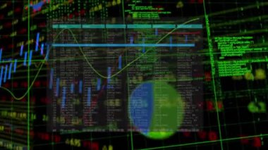 Siyah arkaplana karşı dijital arayüz veri işleme üzerinden mali veri işleme. küresel finans ve bilgisayar arayüzü kavramı