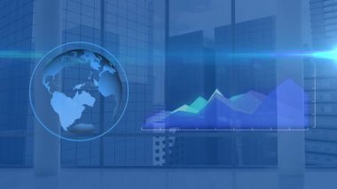 Dünyanın dönüşünün animasyonu, istatistik kaydı ve mavi üzerine veri işlemesi. küresel bağlantılar ve dijital arayüz konsepti dijital olarak oluşturulmuş video.