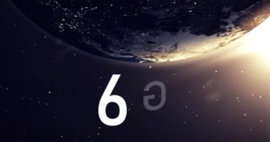 Uzaydan görünen dönen dünya üzerinde 6G metin animasyonu. küresel ağlar, iletişim, bağlantı ve teknoloji konsepti dijital olarak oluşturulmuş video.