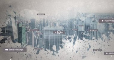 Çok renkli pankartlar ve şehir manzarası üzerinde sosyal medya mesajları üzerinde hareket eden imleç animasyonu. küresel sosyal medya ağı, dijital arayüz ve teknoloji konsepti dijital olarak oluşturulmuş video.